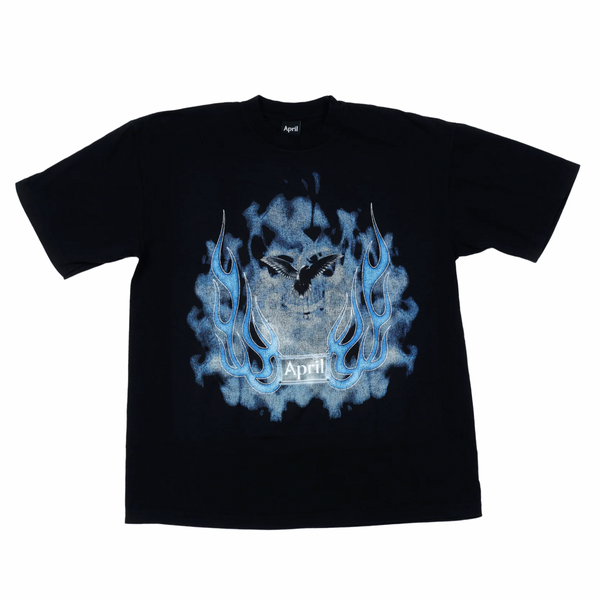 boxy black t shirt with blue old school style flames. A bird is flying in the center of the graphic with a faded skull in the background