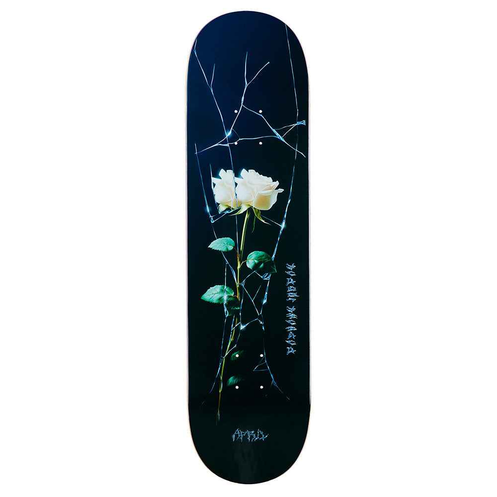 The APRIL DASHAWN JORDAN CRACKED ROSE 8.25" deck by APRIL features a cracked rose with green stems on a black background, accented by thin white lines and vertical Japanese text.