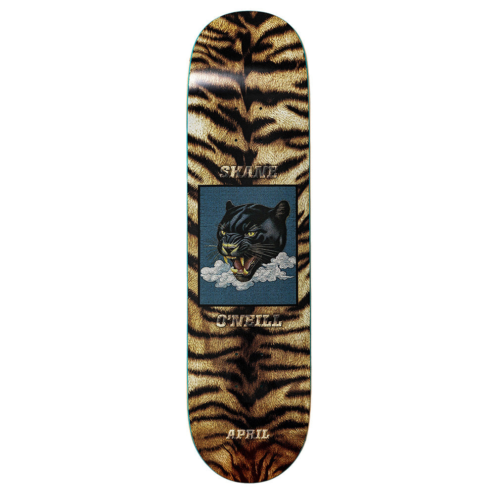 The APRIL SHANE LEOPARD 8.25 skateboard deck by APRIL features a leopard print design, a fierce panther head at the center, and bold “Starr,” “Guerilla,” and “April” text—perfect for adding standout style to your collection.