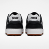 A pair black white shoes from the back view that says cons.
