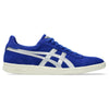 Side view of a blue suede skateboarding shoe with white accents, including the ASICS logo on the side and a white sole. This ASICS GEL-VICKKA PRO PRUSSIAN BLUE / PURE SILVER model combines style and function perfectly.