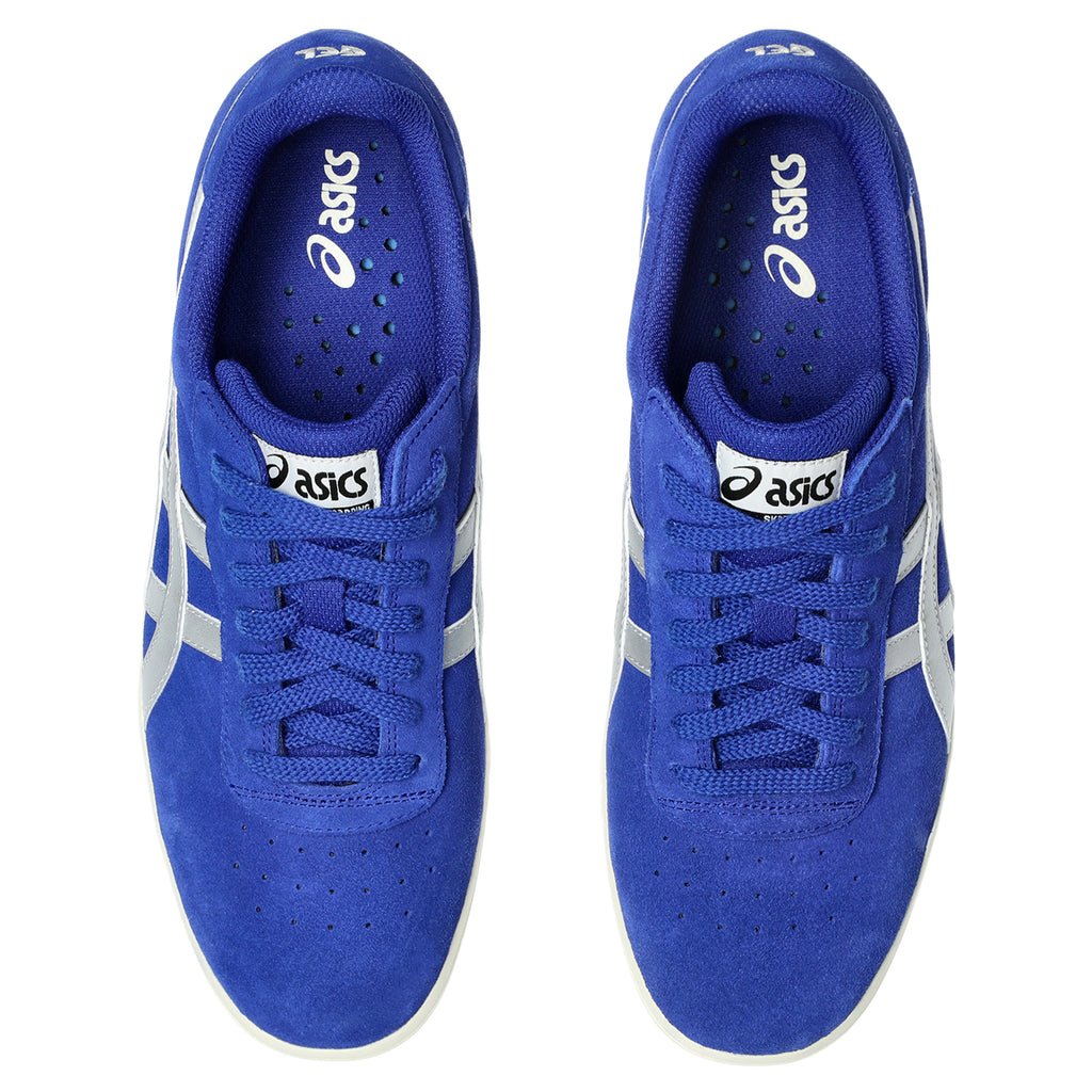 Top view of a pair of blue ASICS GEL-VICKKA PRO PRUSSIAN BLUE / PURE SILVER sneakers with white logos and detailing, showing laces and perforations on the insoles.