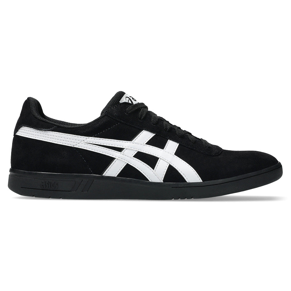 The ASICS GEL-VICKKA PRO BLACK / BRIGHT WHITE sneaker by ASICS features white side stripes, black laces, a flat sole, and GEL technology for comfort—ideal for skateboarding. Shown side view on a white background.
