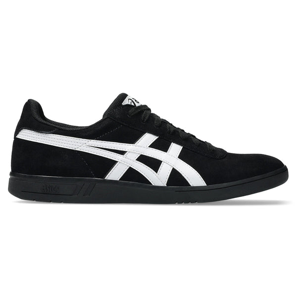 The ASICS GEL-VICKKA PRO BLACK / BRIGHT WHITE sneaker by ASICS features white side stripes, black laces, a flat sole, and GEL technology for comfort—ideal for skateboarding. Shown side view on a white background.