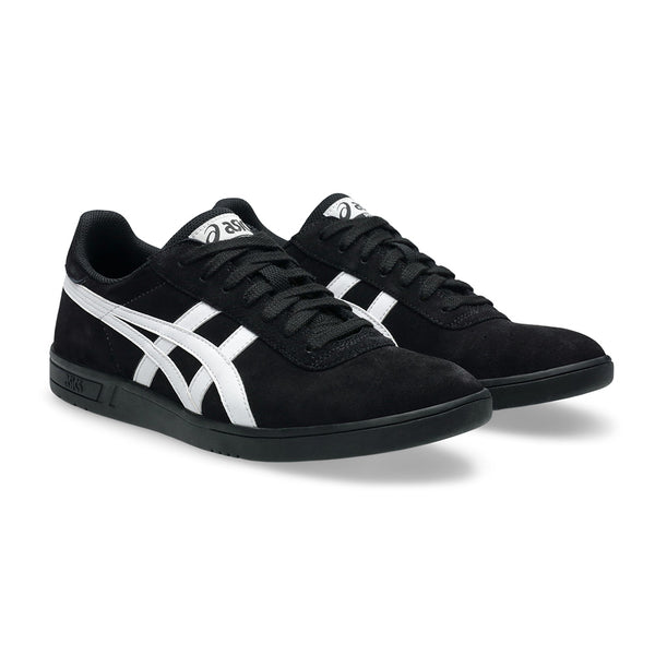 The ASICS GEL-VICKKA PRO BLACK / BRIGHT WHITE sneakers feature classic white stripes, black laces, and GEL technology for comfort—perfect skateboarding shoes from ASICS, shown on a white background.