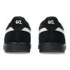 Rear view of ASICS GEL-VICKKA PRO BLACK / BRIGHT WHITE shoes by ASICS, showcasing black uppers, white "GEL" heel text, the iconic white stripe on the side, and advanced GEL technology for superior comfort.