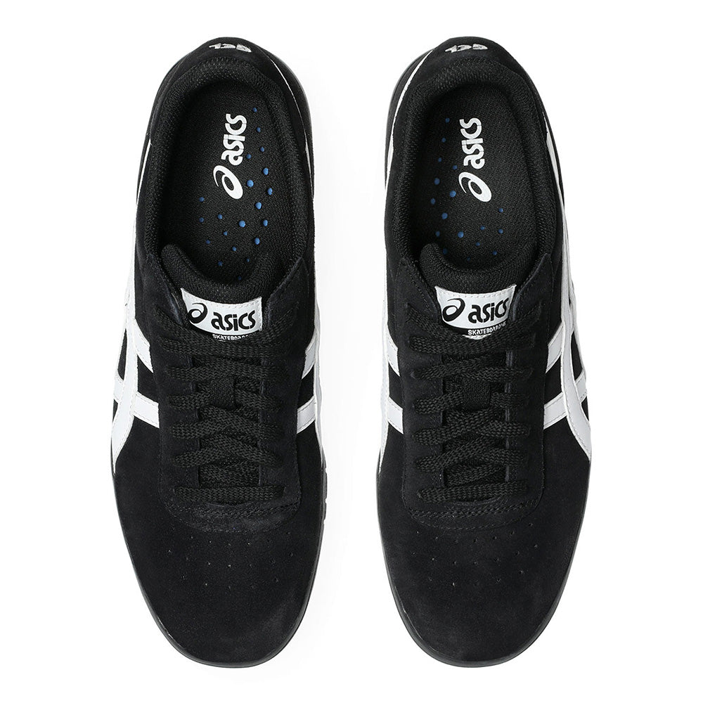 Top view of ASICS GEL-VICKKA PRO BLACK / BRIGHT WHITE skate shoes with white stripes and black laces, featuring advanced GEL technology, on a white background.