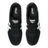 Top view of ASICS GEL-VICKKA PRO BLACK / BRIGHT WHITE skate shoes with white stripes and black laces, featuring advanced GEL technology, on a white background.