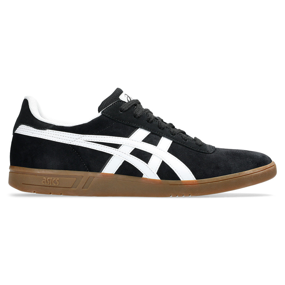 The ASICS GEL-VICKKA PRO BLACK / BROWN skateboarding shoe features a black suede upper, white side stripes, a brown rubber sole with GEL technology, and is shown in side profile view.