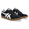 A pair of ASICS GEL-VICKKA PRO sneakers in black and brown, featuring iconic white stripes, brown rubber soles, and GEL technology from ASICS, displayed on a white background.