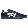 The ASICS LEGGEREZZA FB NAVY / WHITE sneaker by ASICS features navy blue uppers, white stripes, premium leather accents, a black sole, and waxed laces. Shown from the side against a white background.