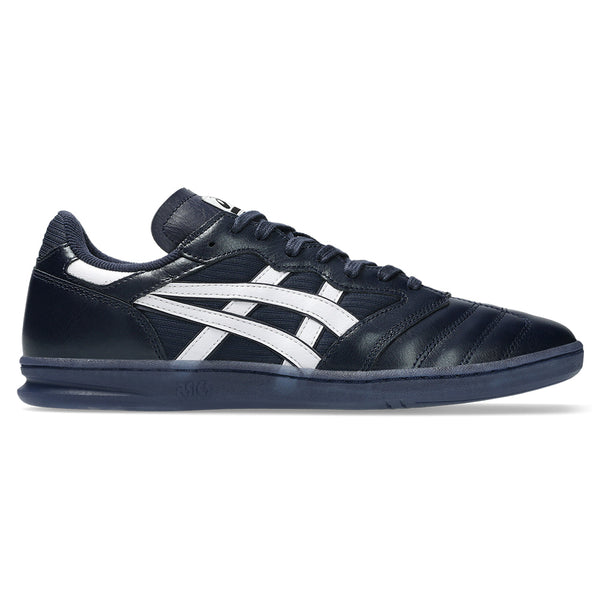 The ASICS LEGGEREZZA FB NAVY / WHITE sneaker by ASICS features navy blue uppers, white stripes, premium leather accents, a black sole, and waxed laces. Shown from the side against a white background.