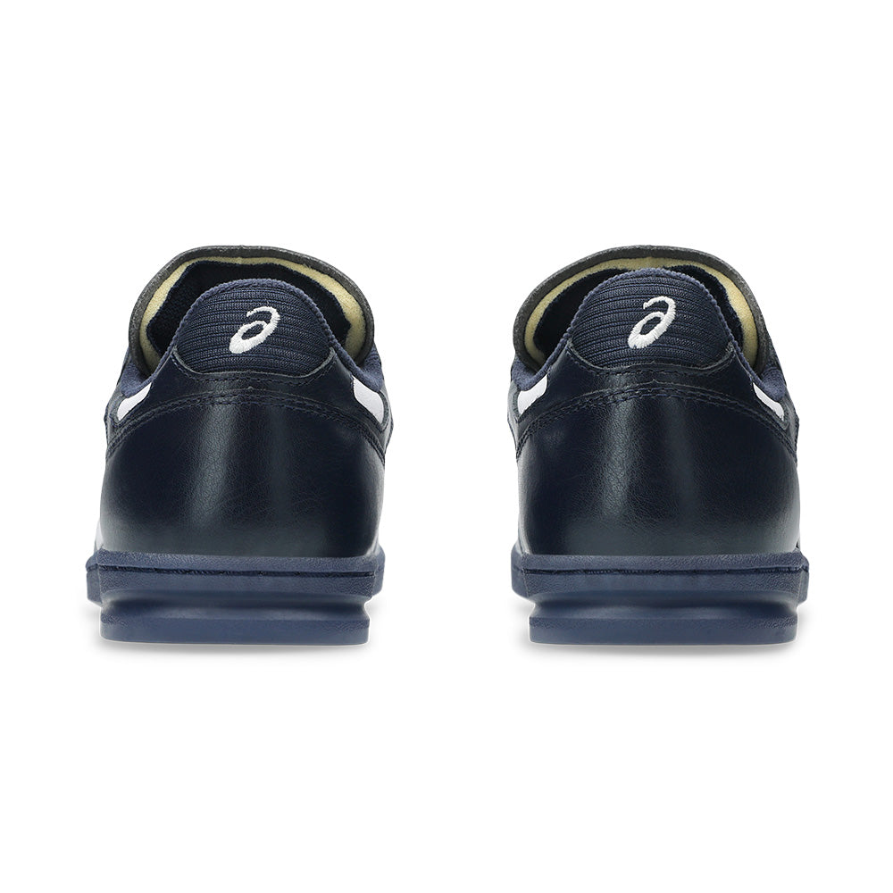 Rear view of ASICS LEGGEREZZA FB NAVY / WHITE sneakers featuring the white logo and waxed laces, displayed side by side on a white background.