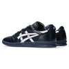 A pair of ASICS LEGGEREZZA FB sneakers in navy and white, featuring a low-top design, premium leather side stripes, and rubber soles, shown from a rear side angle.