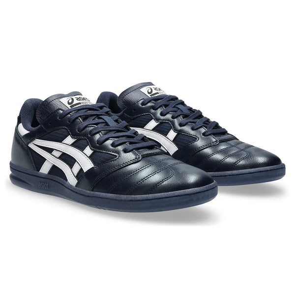 The ASICS LEGGEREZZA FB NAVY / WHITE sneakers feature navy uppers, white side stripes, black soles, and waxed laces by ASICS, shown against a white background.