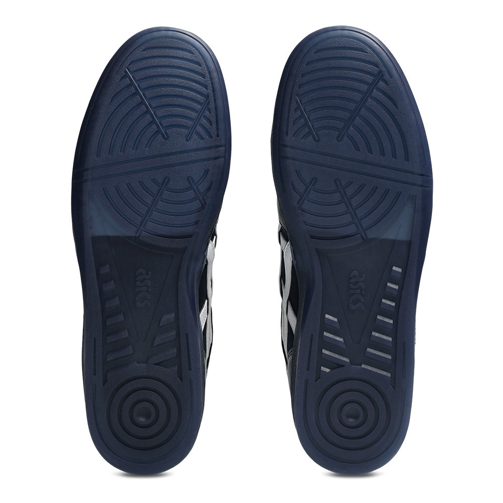 A pair of ASICS LEGGEREZZA FB NAVY / WHITE rubber soles with geometric tread patterns, viewed from the bottom.