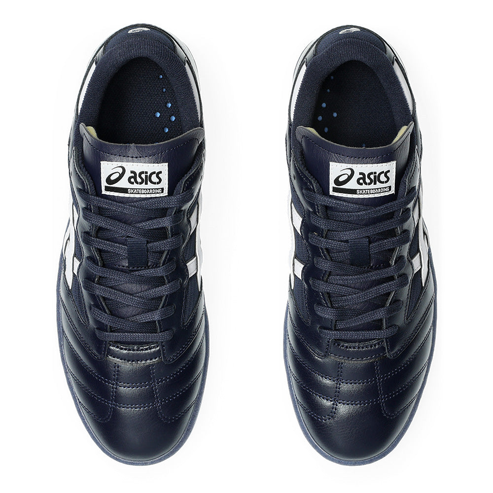 A pair of ASICS LEGGEREZZA FB NAVY / WHITE sneakers, viewed from above, with white side stripes, waxed laces, and ASICS branding on the tongues.