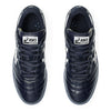 A pair of ASICS LEGGEREZZA FB NAVY / WHITE sneakers, viewed from above, with white side stripes, waxed laces, and ASICS branding on the tongues.