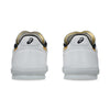 Rear view of ASICS LEGGEREZZA FB WHITE / PURE GOLD skate shoes by ASICS, showcasing black and gold accents, heel tab logos, and enhanced comfort with GEL technology.