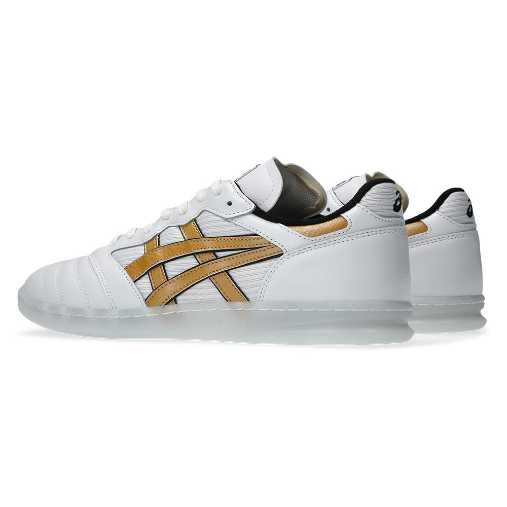 The ASICS LEGGEREZZA FB WHITE / PURE GOLD sneakers feature a low-top design, translucent rubber soles, and GEL technology for comfort—ideal for fans of stylish skateboarding shoes.