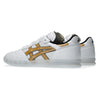 The ASICS LEGGEREZZA FB WHITE / PURE GOLD sneakers feature a low-top design, translucent rubber soles, and GEL technology for comfort—ideal for fans of stylish skateboarding shoes.