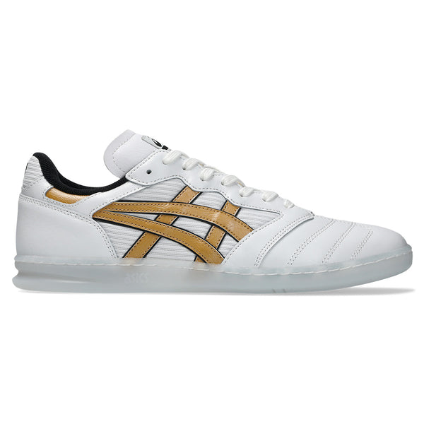 The ASICS LEGGEREZZA FB WHITE / PURE GOLD is a white sneaker with the brand’s signature gold and black stripes, white laces, a translucent sole, and GEL technology for extra comfort.