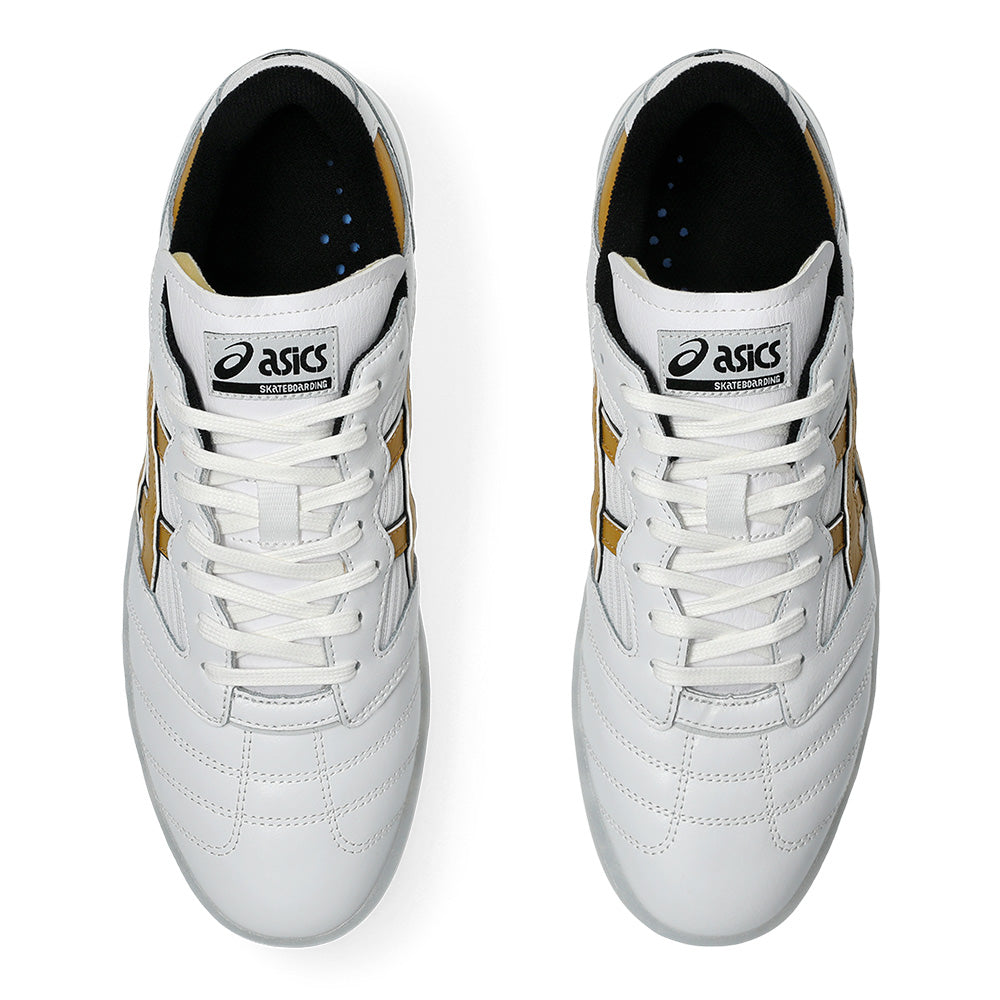 A pair of ASICS LEGGEREZZA FB WHITE / PURE GOLD sneakers by ASICS, featuring black and gold accents and GEL technology, shown from above on a white background.