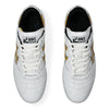 A pair of ASICS LEGGEREZZA FB WHITE / PURE GOLD sneakers by ASICS, featuring black and gold accents and GEL technology, shown from above on a white background.