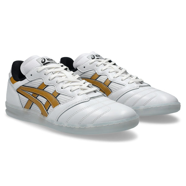 The ASICS LEGGEREZZA FB WHITE / PURE GOLD sneakers feature white uppers with gold and black accents, a translucent sole, the ASICS logo on the tongue, and advanced GEL technology for superior comfort.