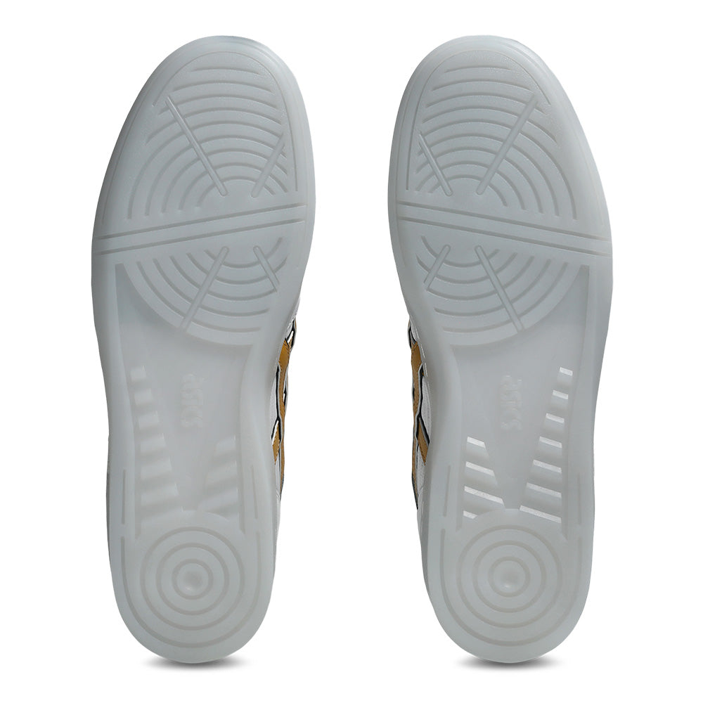 The image shows the bottoms of translucent, white rubber-soled skateboarding shoes with circular and linear tread patterns, similar to the advanced grip found in ASICS LEGGEREZZA FB WHITE / PURE GOLD by ASICS.