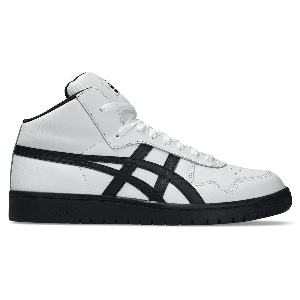 The ASICS JAPAN PRO MID WHITE / BLACK is a sleek mid-top sneaker with a black sole, suede paneling, and signature black side stripes—perfect for stylish skateboarding with bold detailing.