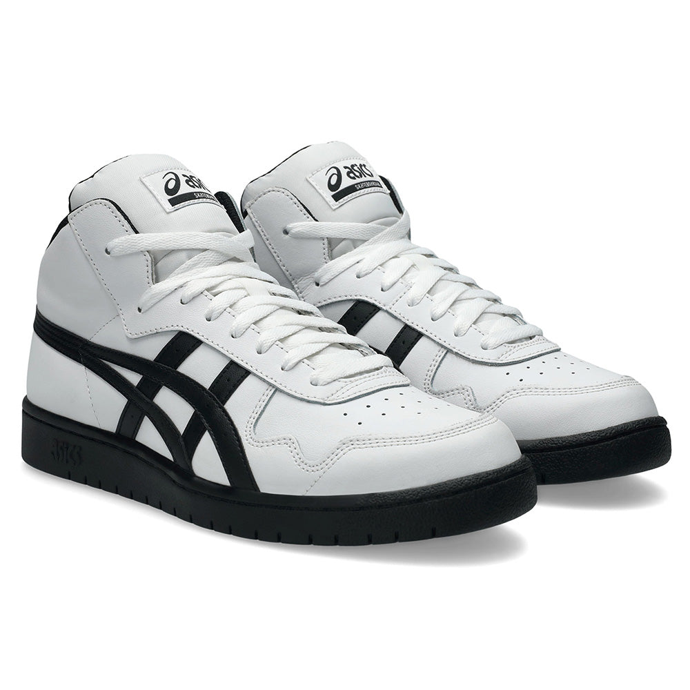 The ASICS JAPAN PRO MID WHITE / BLACK is a durable white high-top sneaker with black accents and signature ASICS logos, designed by ASICS and ideal for skateboarding.