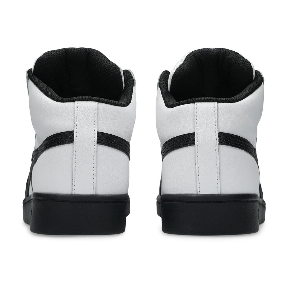 The ASICS JAPAN PRO MID WHITE / BLACK sneakers feature black soles, black accents, and a subtle reflective finish, shown from the back against a white background for a modern skateboarding shoe look.