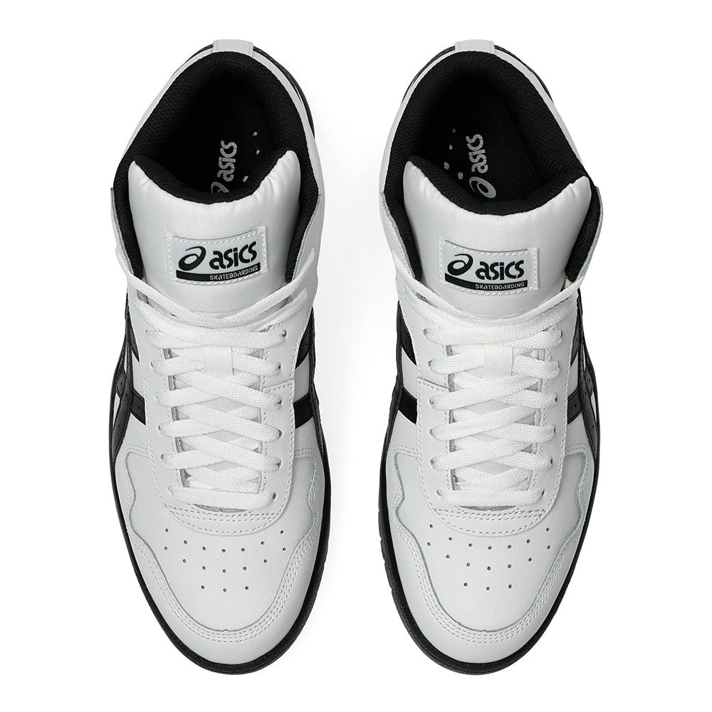 Top view of ASICS JAPAN PRO MID WHITE / BLACK high-top sneakers by ASICS, featuring a white upper with black accents, reflective finish, and white laces on a plain background.