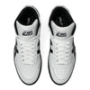 Top view of ASICS JAPAN PRO MID WHITE / BLACK high-top sneakers by ASICS, featuring a white upper with black accents, reflective finish, and white laces on a plain background.