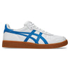The ASICS JAPAN PRO WHITE / DIRECTIORE BLUE sneaker features blue stripes, a brown rubber sole, and suede paneling—a stylish ASICS skateboarding shoe crafted for performance and modern appeal.