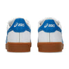 Rear view of two white ASICS JAPAN PRO WHITE / DIRECTIORE BLUE sneakers with blue accents and brown soles, featuring the ASICS logo on the heels—a stylish and durable skateboarding shoe from ASICS.