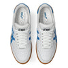 A top view of the ASICS JAPAN PRO WHITE / DIRECTIORE BLUE sneakers by ASICS, featuring white uppers, blue accents, gum soles, and designed as a premium, durable skateboarding shoe.