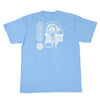 Blue THEORIES tee with graphic print featuring an astronaut and text design on the back by GRIDWALKER.
