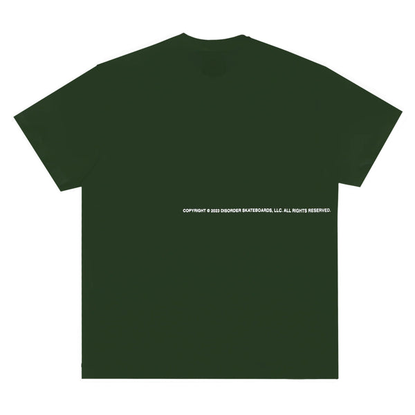 A DISORDER PIRATES LIFE TEE GREEN with white text on it.