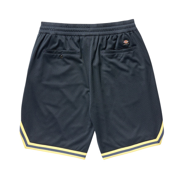 Navy blue athletic shorts with yellow trim and a drawstring waist, featuring a regular fit, like the DICKIES GUY MARIANO MESH SHORT in DARK NAVY.