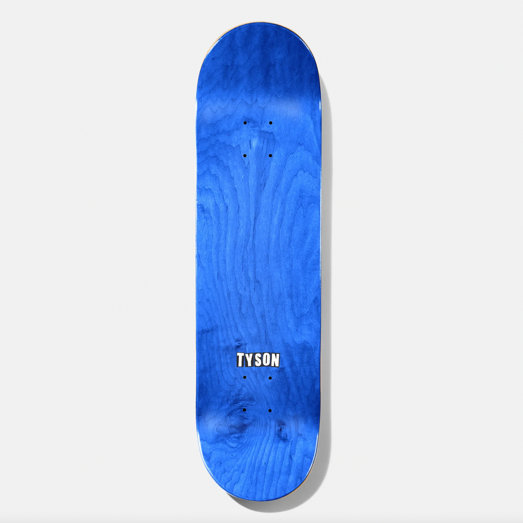 A blue BAKER skateboard with the word 'tin' on it, featuring Tyson Peterson's signature.
