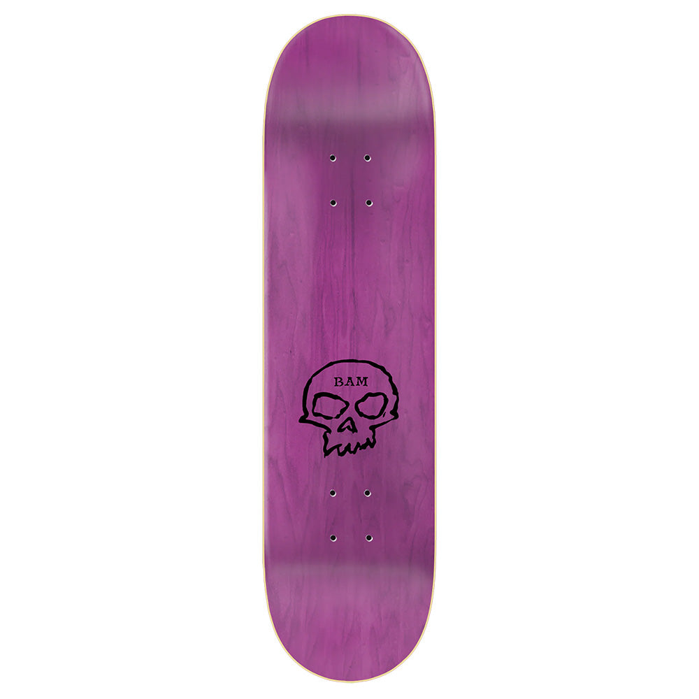 The ZERO X BAM SINGLE SKULL by ZERO is a purple 8.25" skateboard deck with Bam Margera's black skull graphic and "BAM" printed above the skull near the bottom.