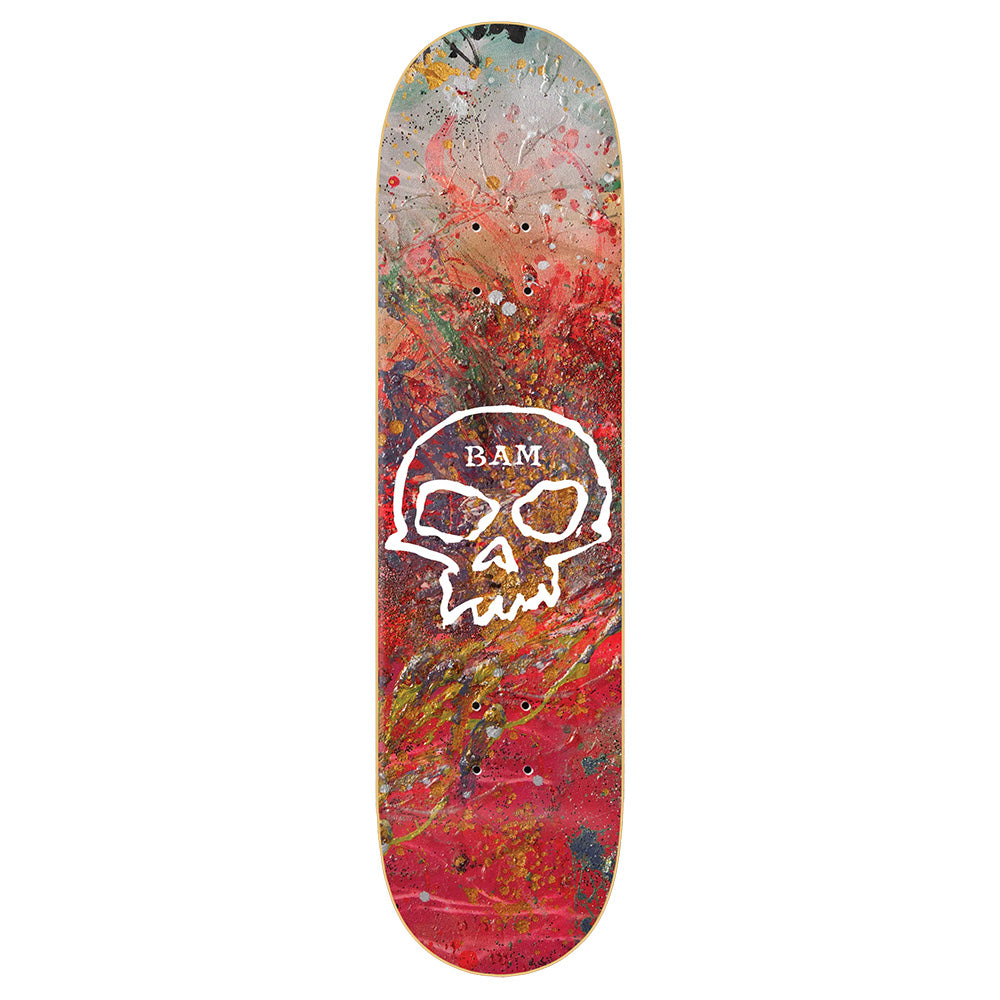 The ZERO X BAM SINGLE SKULL skateboard deck by ZERO features Bam Margera artwork with a red and orange abstract design, a white skull graphic, and "BAM" text above the skull on an 8.25" deck.
