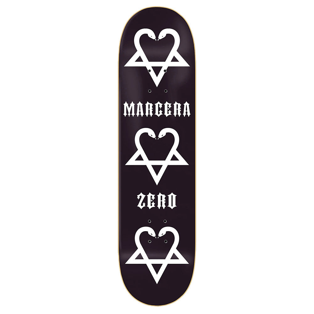 The ZERO X BAM AMERICAN ZERO by ZERO is a black 8.25 skateboard deck with three white heartagram symbols and bold "MARCERA" and "ZERO" text, inspired by the iconic ZERO BAM skateboard’s classic layup.