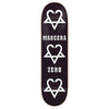 The ZERO X BAM AMERICAN ZERO by ZERO is a black 8.25 skateboard deck with three white heartagram symbols and bold "MARCERA" and "ZERO" text, inspired by the iconic ZERO BAM skateboard’s classic layup.