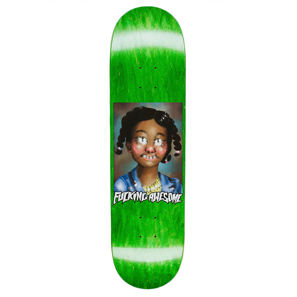 The FUCKING AWESOME x SICKID Beatrice Class Photo skateboard deck features a green color and a cartoon portrait of a smiling braided girl with freckles, with "Fucking Awesome" written below the image.