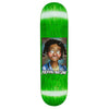The FUCKING AWESOME x SICKID Beatrice Class Photo skateboard deck features a green color and a cartoon portrait of a smiling braided girl with freckles, with "Fucking Awesome" written below the image.