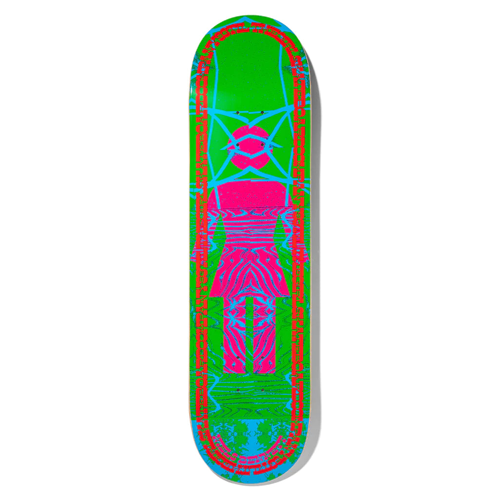 A GIRL BENNETT VIBRATIONS OG skateboard with a green, pink and blue design.