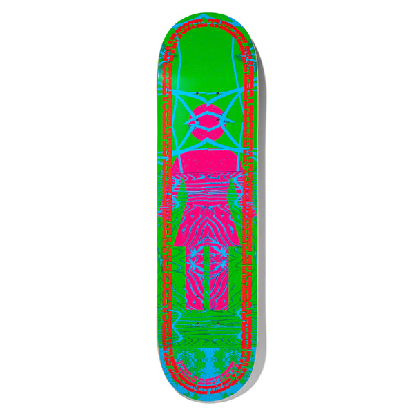 A GIRL BENNETT VIBRATIONS OG skateboard with a green, pink and blue design.